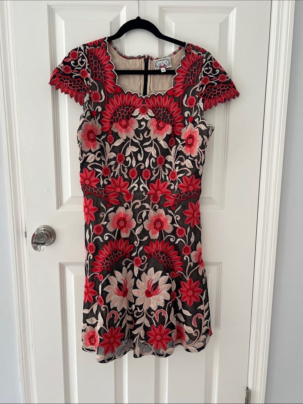 Anthropologie Black Mini Dress with Red and Cream Floral Embroidery
